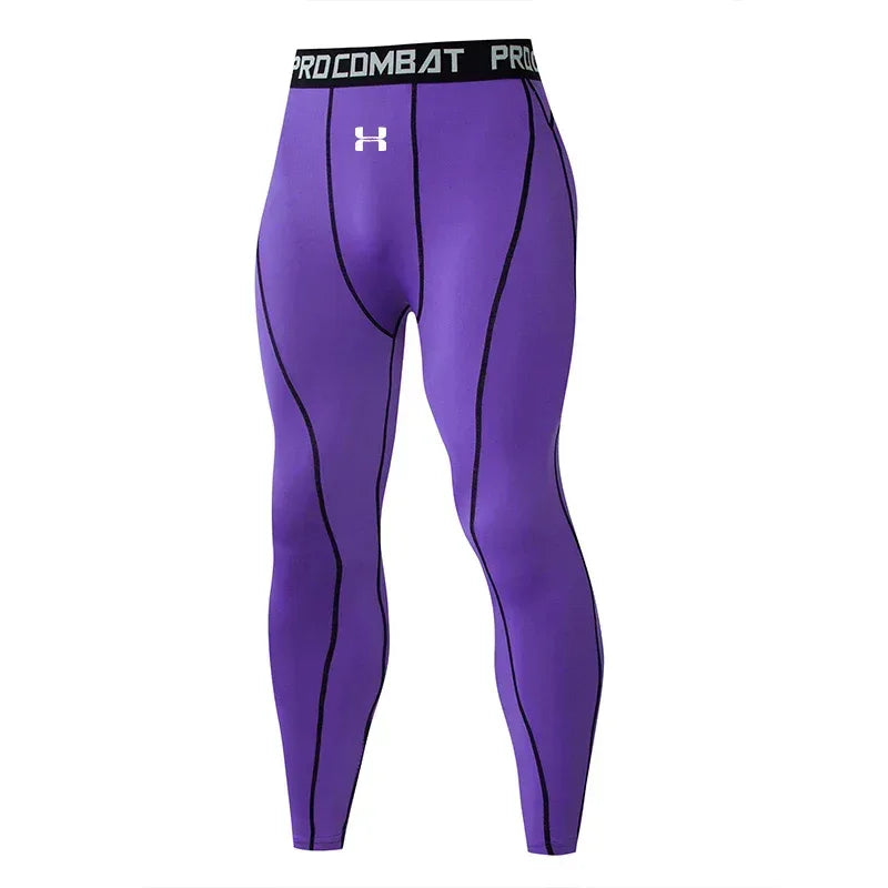Purple compression leggings with black accents on a white background