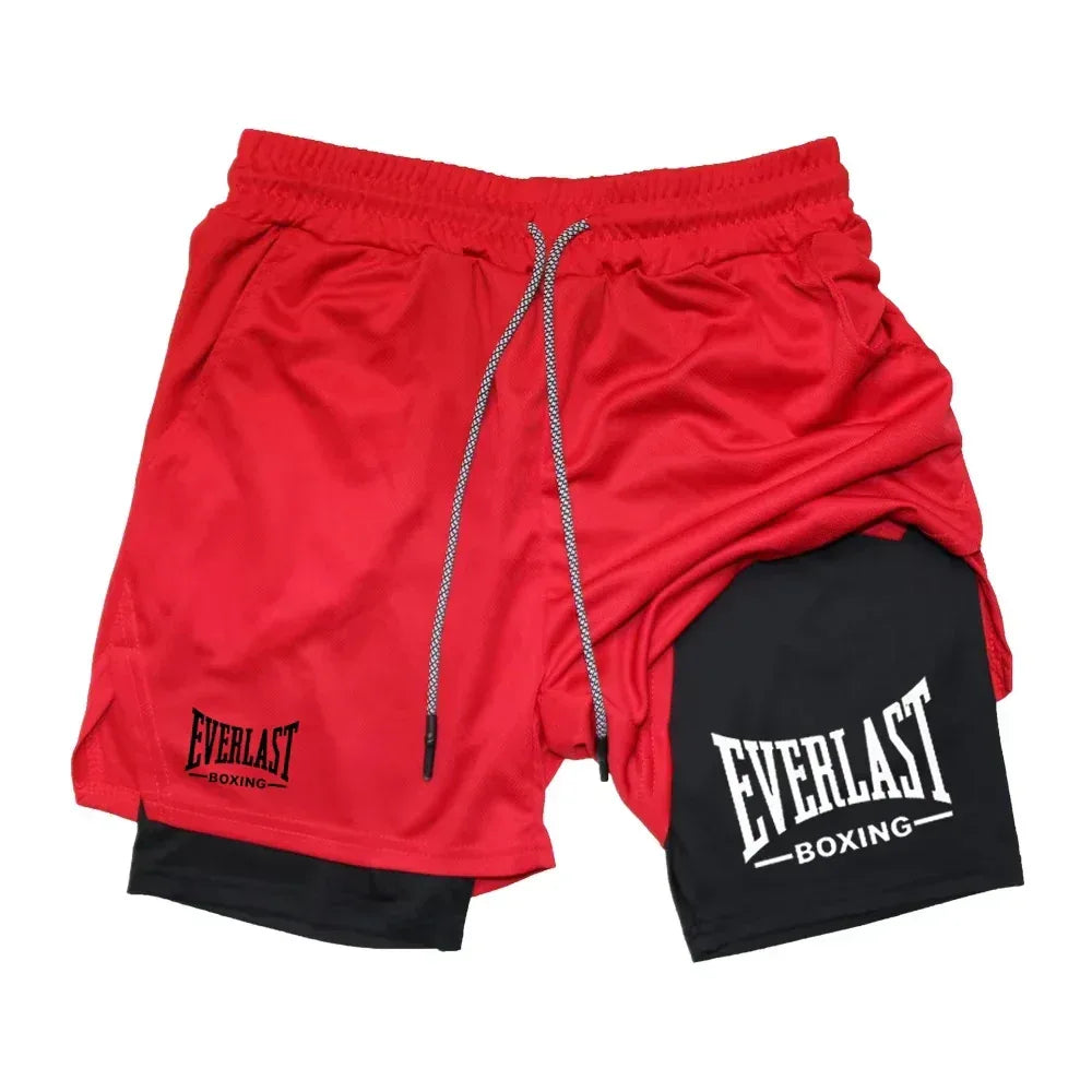 Red and black athletic shorts with Everlast Boxing logo on a white background