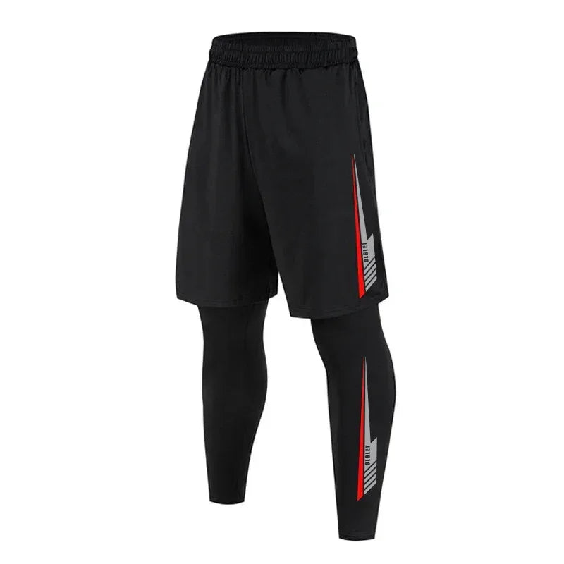 Black athletic shorts with a red and white stripe on a white background
