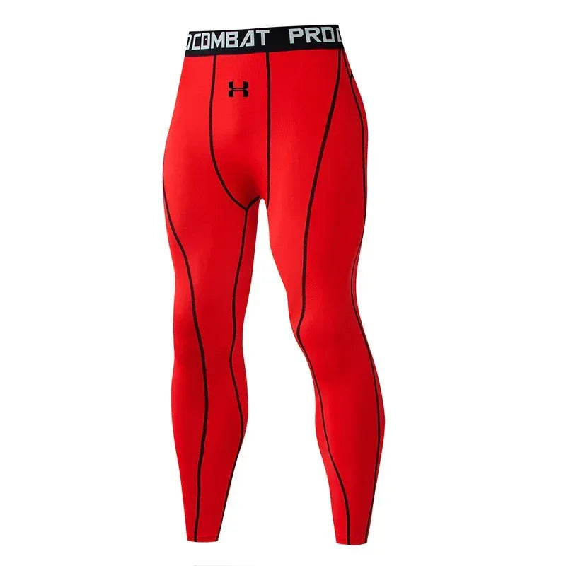 Red compression leggings with black accents on a white background
