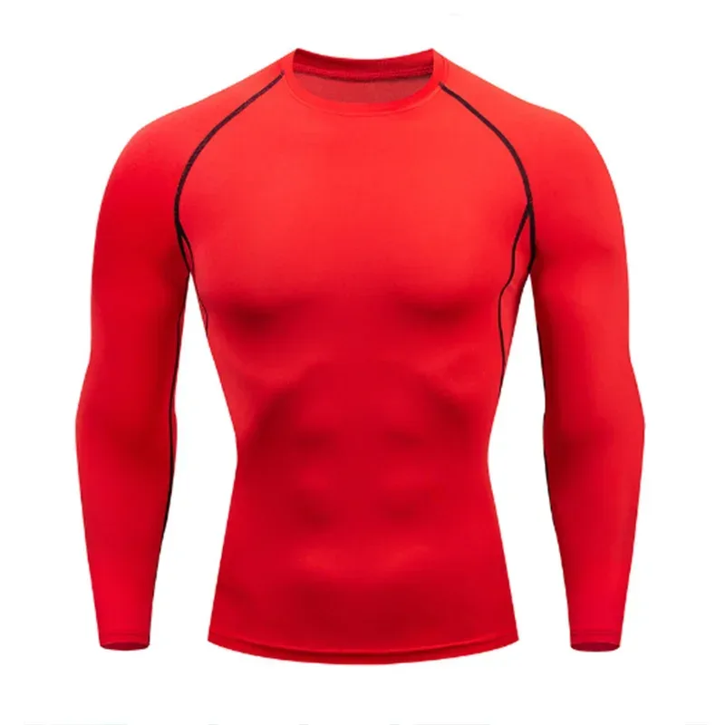 Red long-sleeve athletic shirt with black accents on a white background