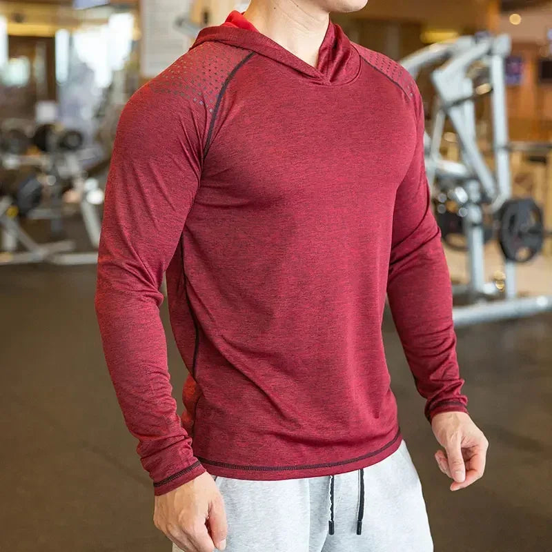 Red-Front view of a men’s slim fit hooded gym shirt featuring a tapered athletic cut and drawstring hood - BetterPlace