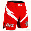 Red UFC shorts with white accents on a white background