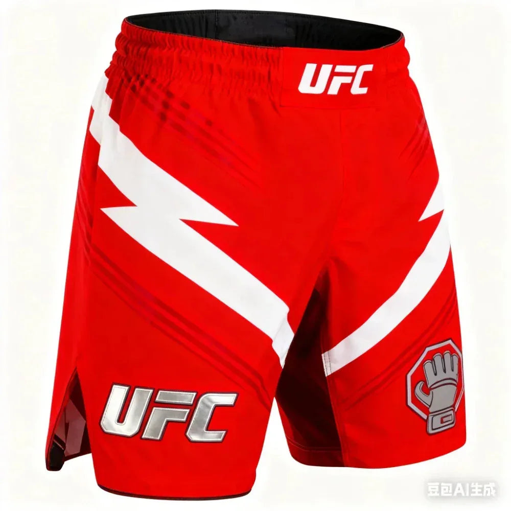 Red UFC shorts with white accents on a white background