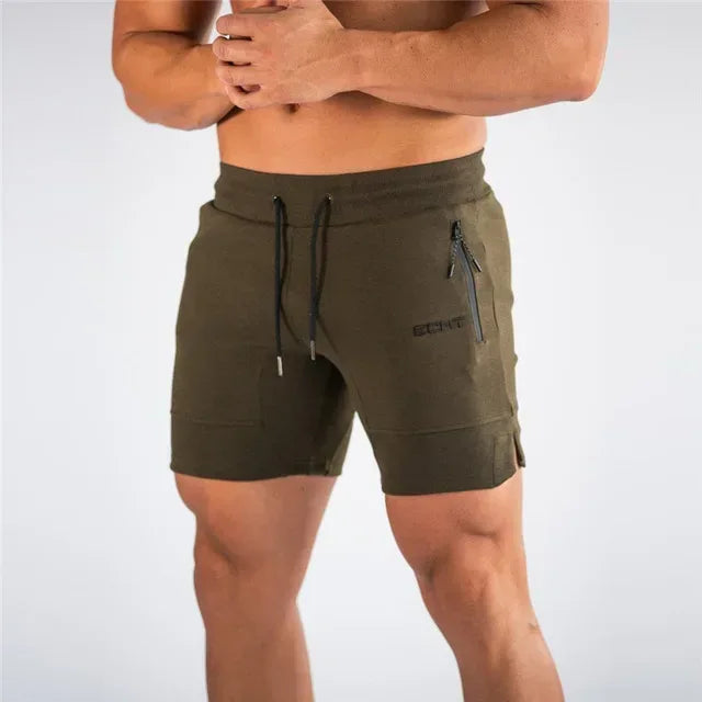 Olive green shorts with a brand logo on a white background