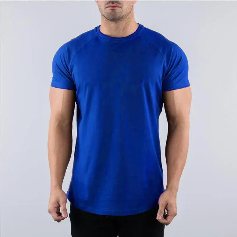 royal blue Front view of a men’s slim fit cotton gym shirt featuring a tapered athletic cut and soft-touch fabric - BetterPlace