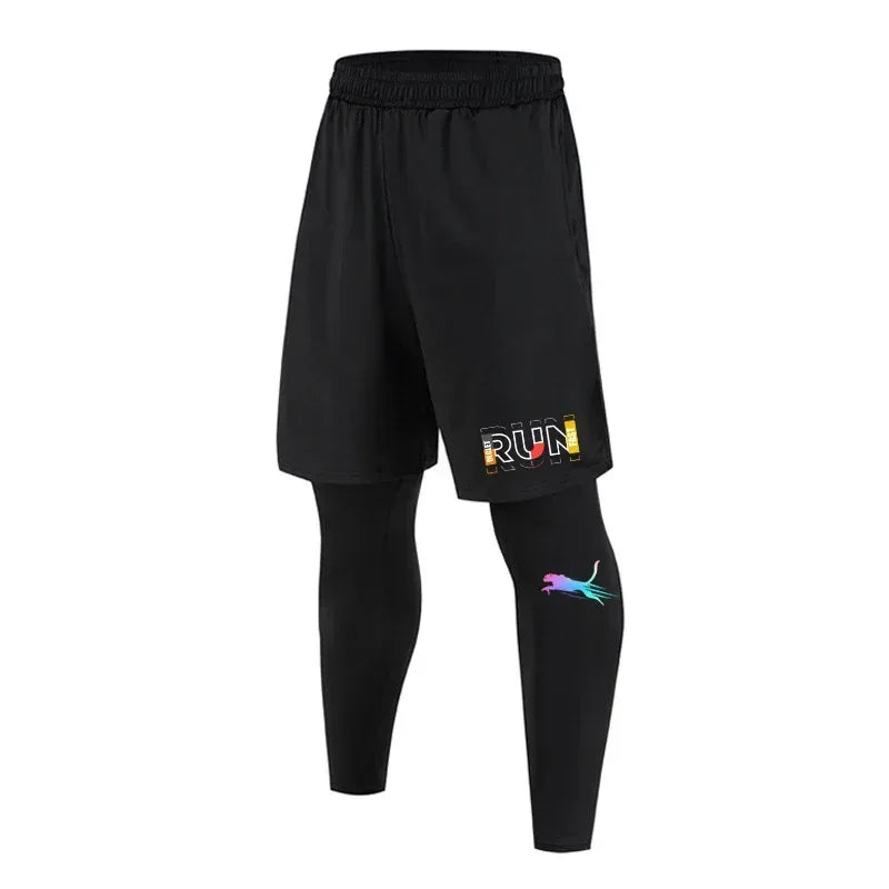 Black athletic shorts with colorful 'RUN' logo on a white background