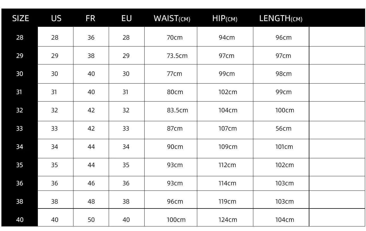 Size chart for pants with measurements in US, FR, EU, waist, hip, and length.