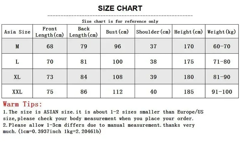 Size chart for clothing with measurements in centimeters and weight in kilograms.