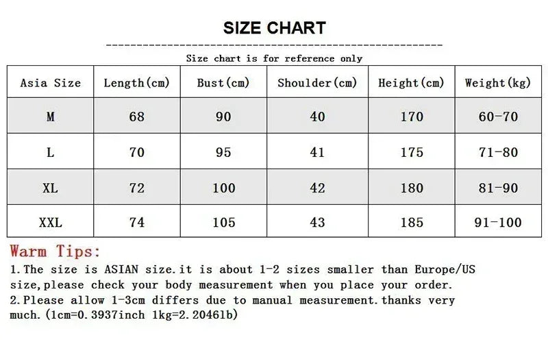 Size chart for clothing with Asian size measurements