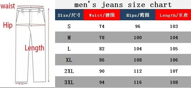 Men's jeans size chart with measurements for waist, hips, and length.