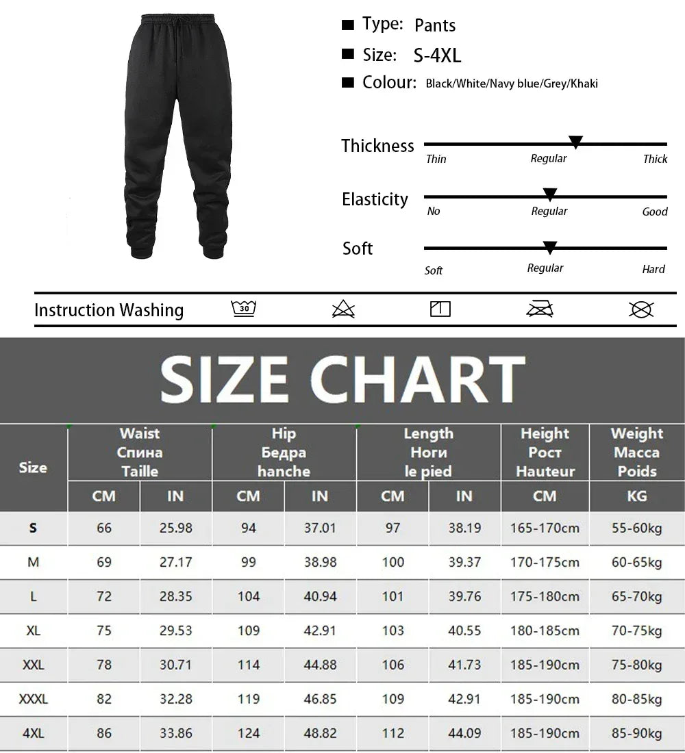 Black pants with size chart and washing instructions on a white background