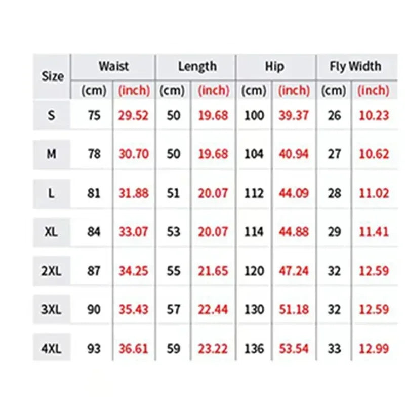 Measurement chart for pants with size, waist, length, hip, and fly width dimensions.