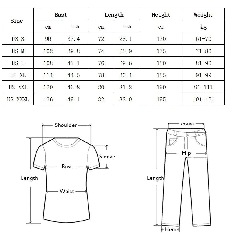 Size chart for clothing with measurements in centimeters and inches, including a diagram of a t-shirt and pants.