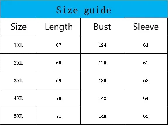 Size guide chart for clothing with measurements in length, bust, and sleeve.
