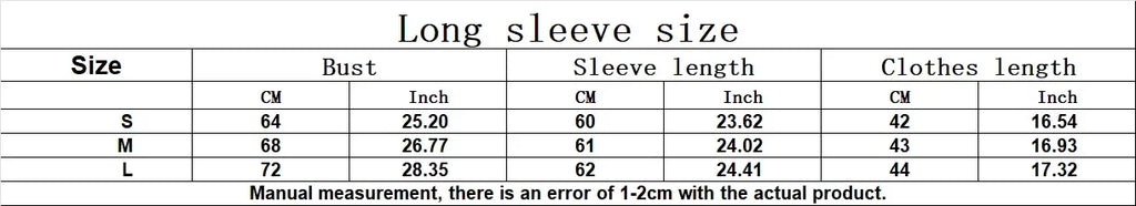 Table displaying long sleeve size chart with measurements in centimeters and inches.
