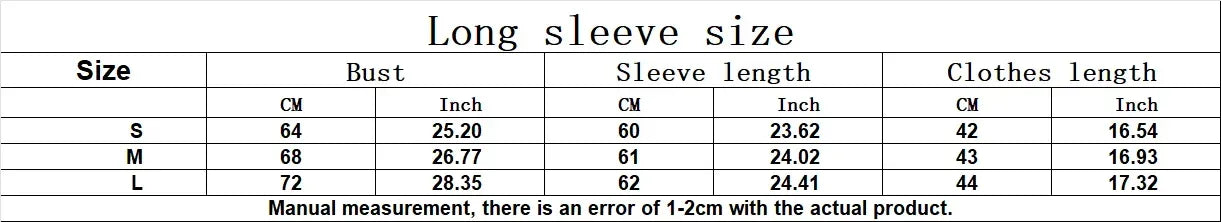 Table displaying long sleeve size chart with measurements in centimeters and inches.