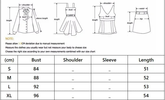 Measurement chart for clothing with diagrams and size chart