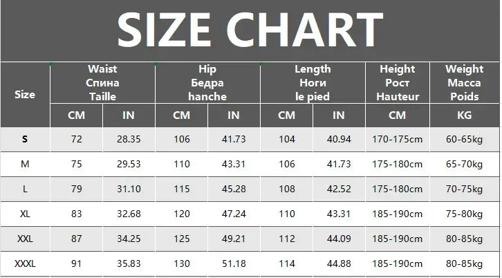 Size chart for clothing with measurements in centimeters and inches.