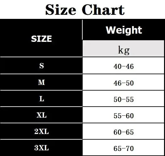 Size chart for clothing with weight ranges in kilograms