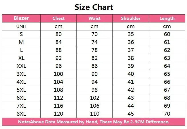 Size chart for blazers with measurements in centimeters