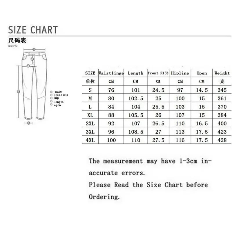 Size chart for pants with measurements in centimeters and inches.