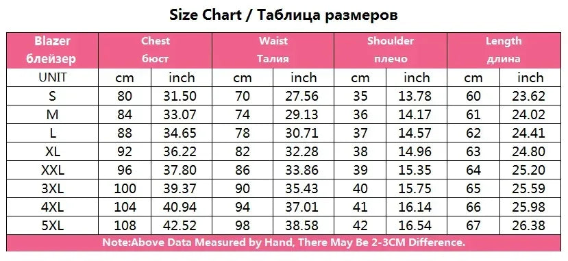 Size chart for blazers with measurements in centimeters and inches.