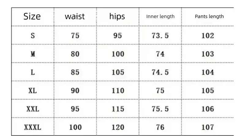 Table displaying measurements for different sizes of pants including waist, hips, inner length, and pants length.
