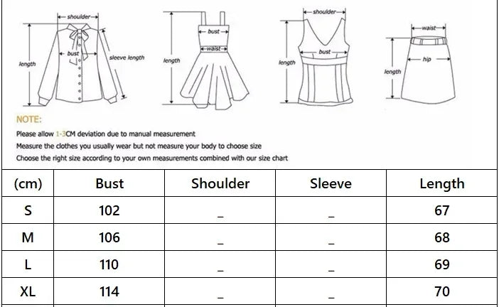 Measurement chart for clothing with diagrams and size chart