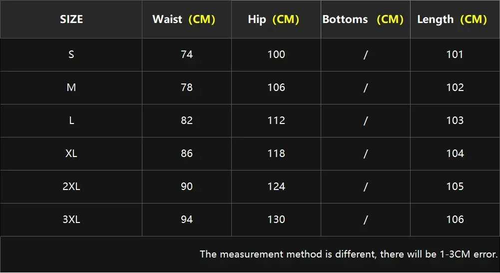 Size chart with measurements for waist, hip, and length on a black background