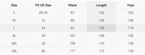 Size chart for clothing with Fit US Size, Waist, Length, and Hips measurements.