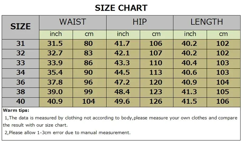Size chart for clothing measurements in inches and centimeters