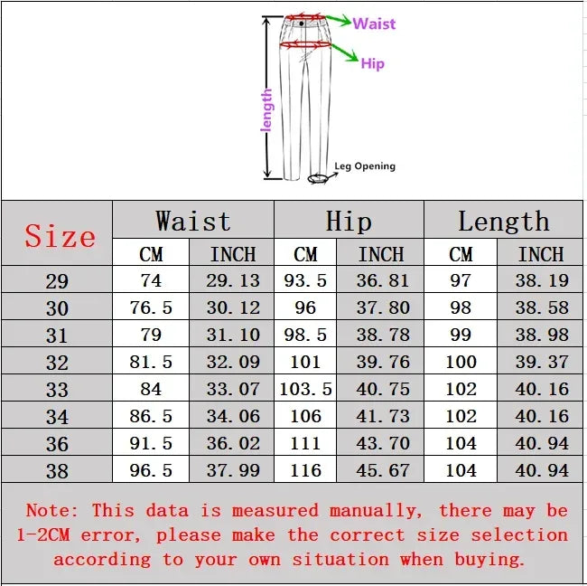 Measurement chart for pants with size chart and diagram