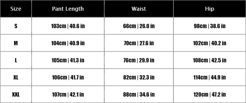 Table displaying pant measurements for different sizes with columns for Size, Pant Length, Waist, and Hip.