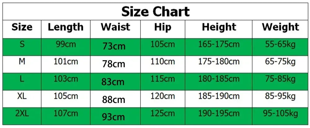 Size chart with dimensions for clothing in centimeters and kilograms.