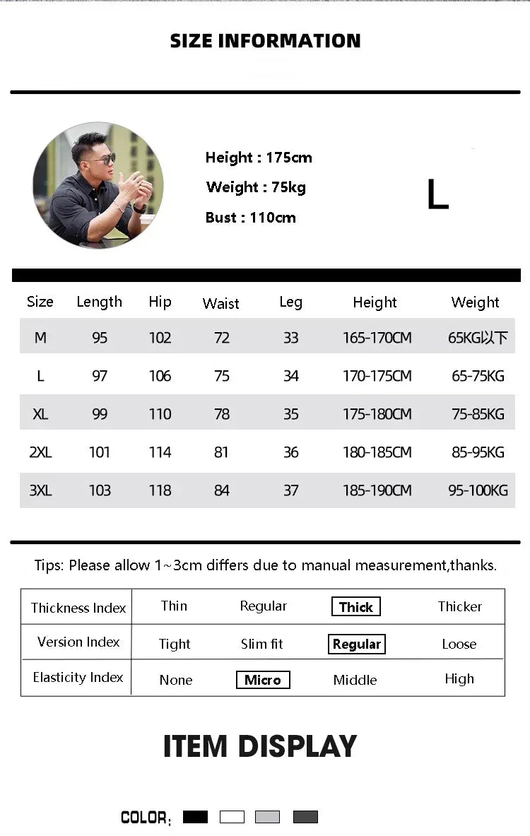 Size chart for clothing with measurements and item display section.