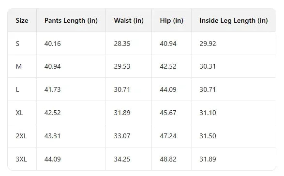 Table displaying pants measurements for various sizes.