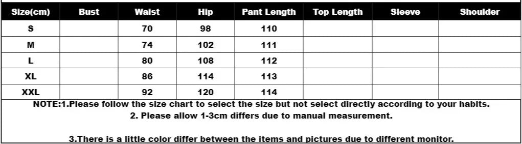 Size chart for clothing with measurements in centimeters