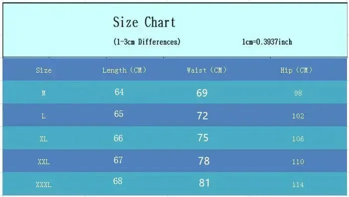 Size chart for clothing measurements in centimeters
