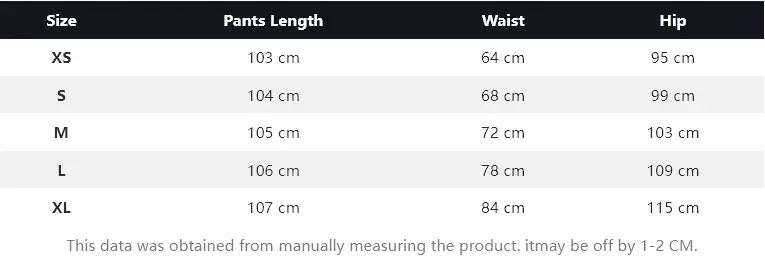Table displaying pants size chart with length, waist, and hip measurements.