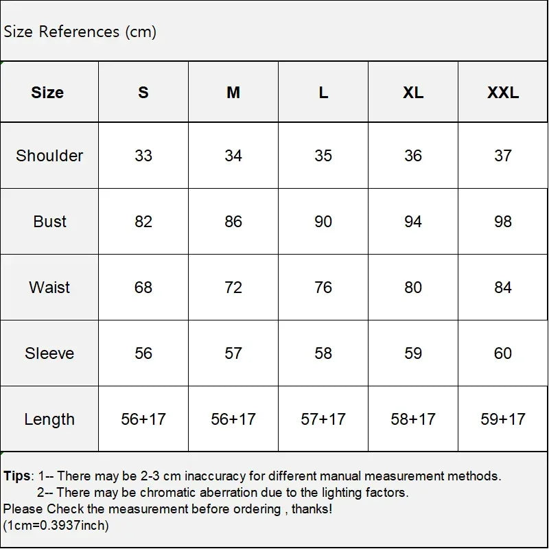 Size reference chart for clothing measurements in centimeters