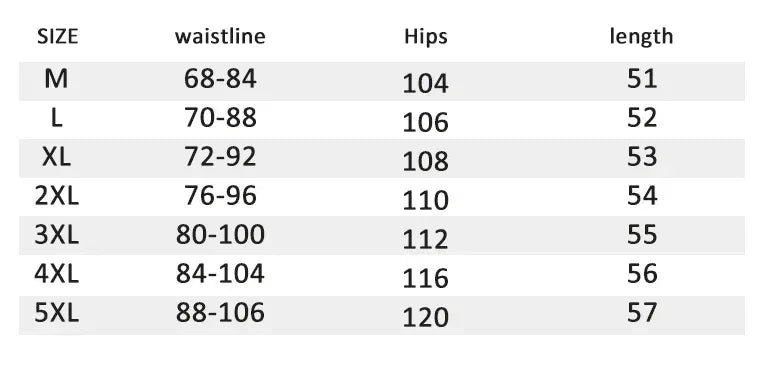 Size chart for waistline, hips, and length measurements in inches.