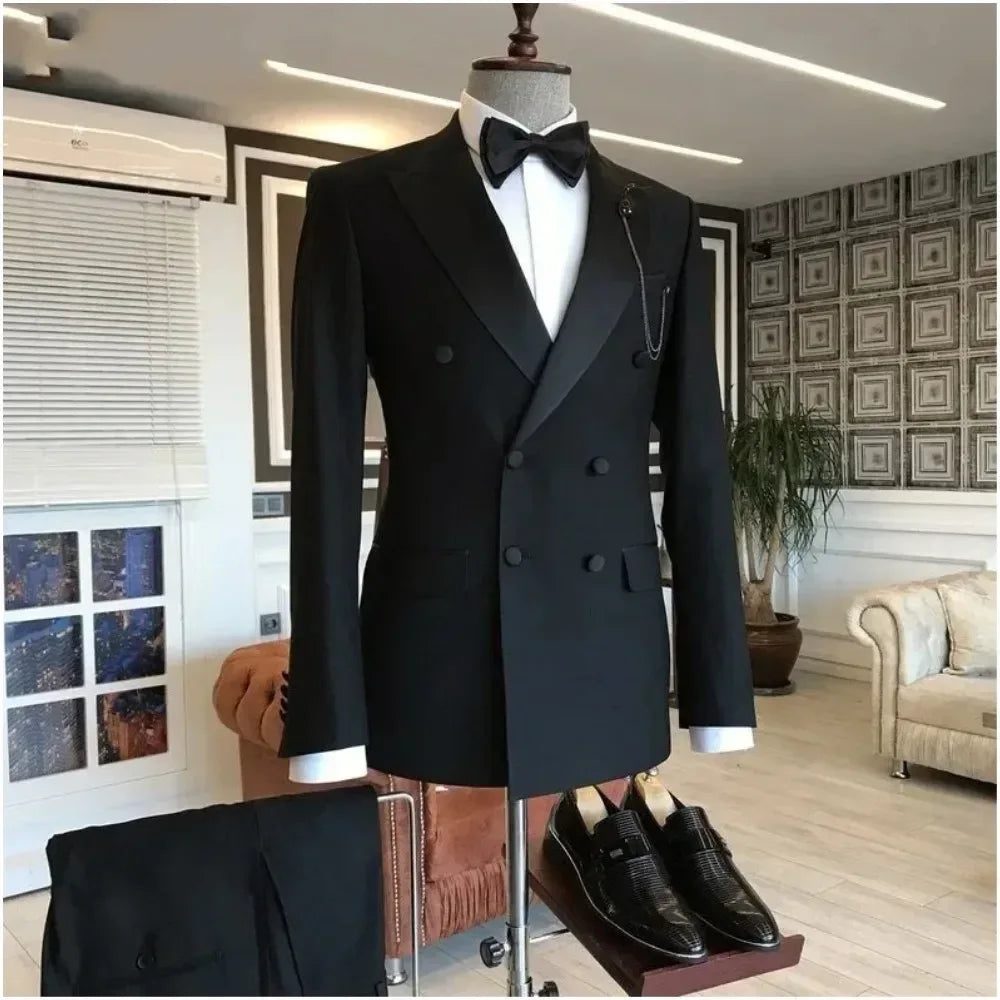 Front view of a slim fit tuxedo on a mannequin styled with a formal bow tie to demonstrate a complete black-tie ensemble.. - BetterPlace