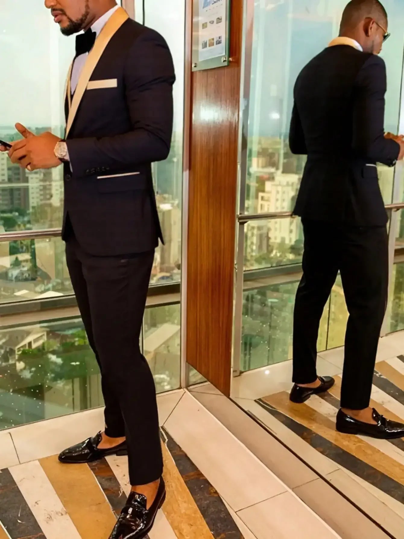 Side profile of a slim fit wedding suit for men showing the tailored jacket and trousers. - BetterPlace