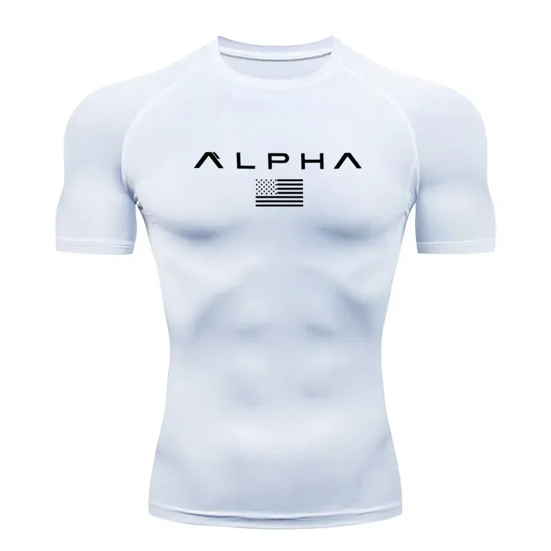 snow white Front view of a men’s quick-dry compression shirt with a supportive muscle-fit design- BetterPlace