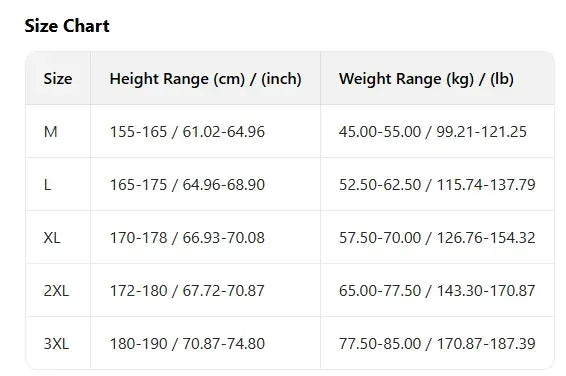 Size chart for clothing with height and weight ranges