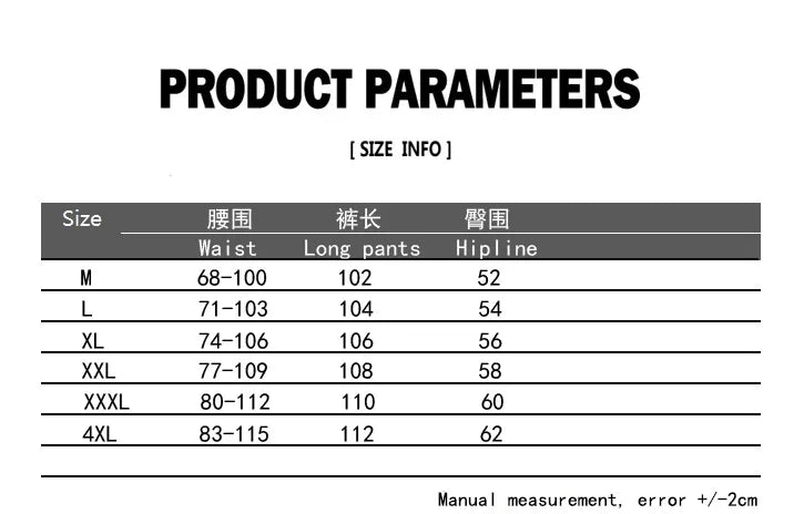 Product parameters table for size information with waist, long pants, and hipline measurements.
