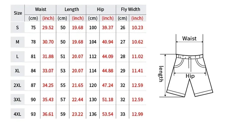 Measurement chart for shorts with size chart and diagram on a white background