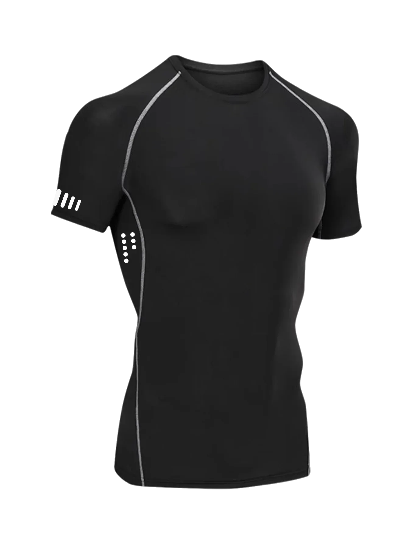 transparent background black and white stitching Front view of a men’s short sleeve quick-dry compression shirt featuring a high-stretch crew neck fit - BetterPlace