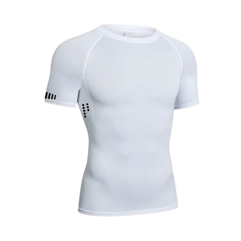 transparent background - white shirt Front view of a men’s short sleeve quick-dry compression shirt featuring a high-stretch crew neck fit - BetterPlace